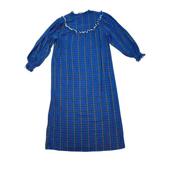 Vintage The Woolrich Woman Cottagecore Blue Plaid Flannel Nightgown Ruffle Trim - Picture 11 of 11